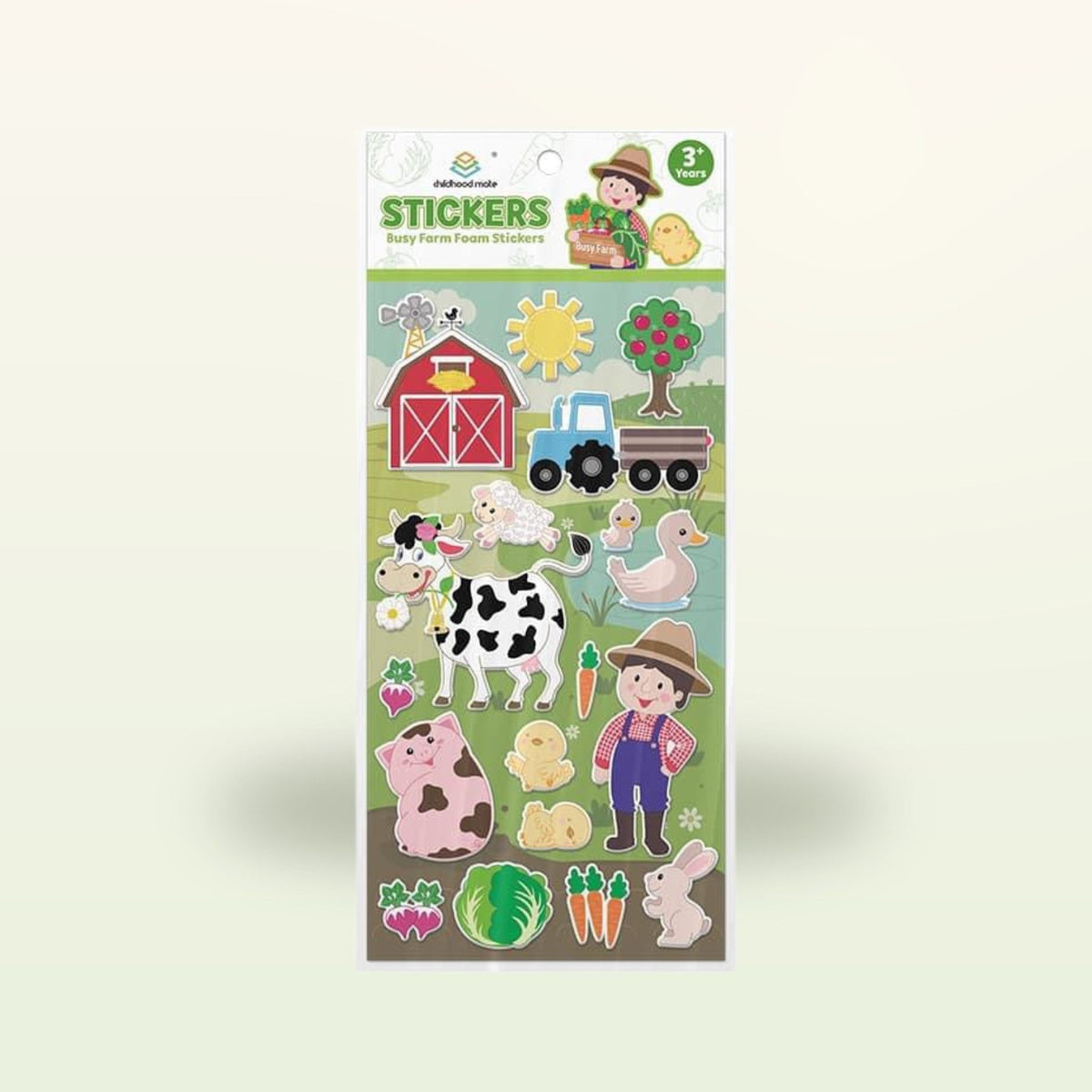 My First Book pegatinas – lámina de pegatinas de granja con animales y tractor sobre fondo suave de color crema