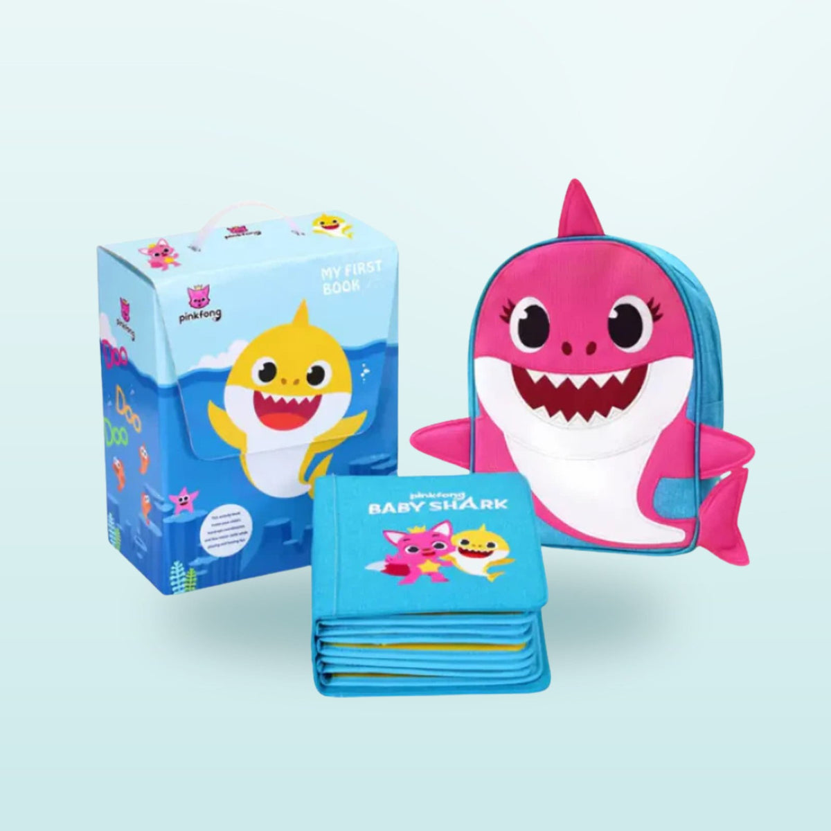 Quiet book Baby Shark como set de regalo con libro de fieltro, mochila rosa de Mama Shark y caja de regalo Pinkfong sobre fondo suave de mar – set completo a partir de 3 años