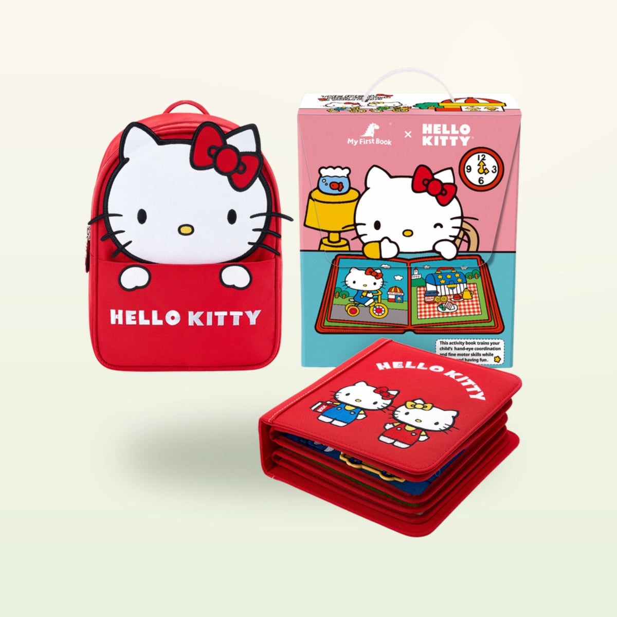 Hello Kitty quiet book in red with gift box on a soft cream background – from 3 years
