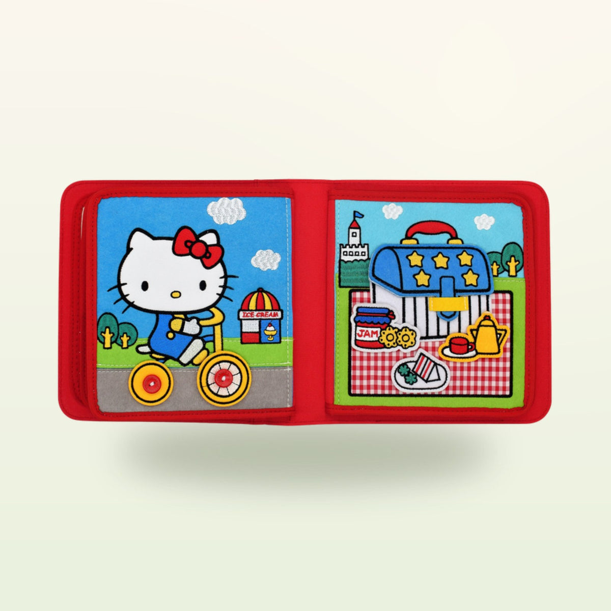 Hello Kitty quiet book scooter double page on a soft cream background – from 3 years