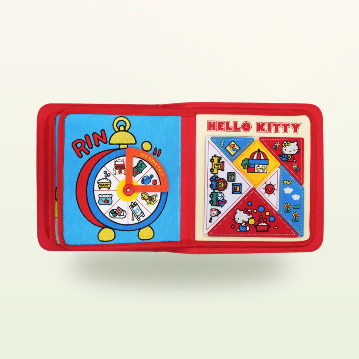 Hello Kitty quiet book felt clock and puzzle double page on a soft cream background – from 3 years