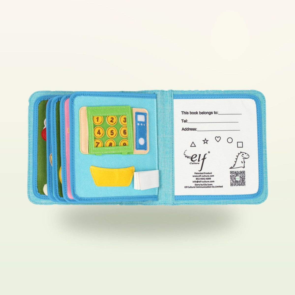Kleine Feinschmecker Quiet Book Seite mit Filz-Registrierkasse und personalisierbarer Seite auf sanftem Creme-Hintergrund – ab 1 Jahr