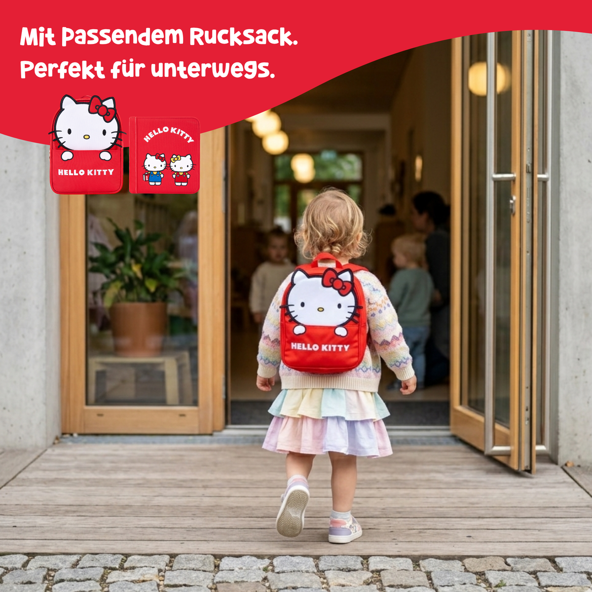 Toddler wearing the red Hello Kitty backpack out and about – quiet book with matching backpack from 1 year